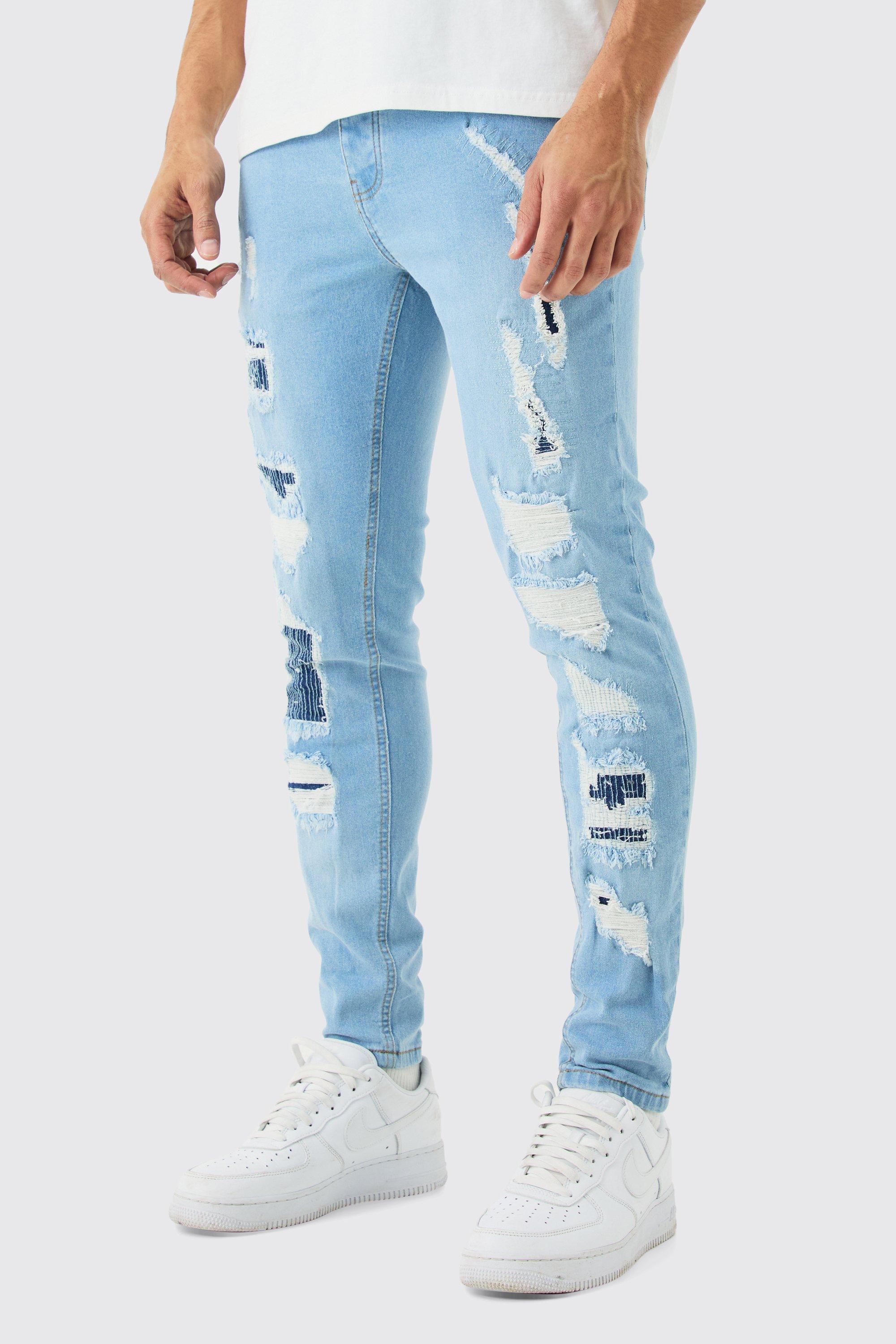 Men's Blue Cotton Ripped Ripped Jeans