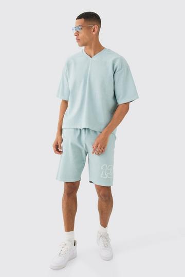 Blue Heavyweight Ribbed Washed Short Sleeve Sweatshirt & Short Set