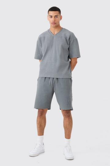 Heavyweight Ribbed Washed Short Sleeve Sweatshirt & Short Set dark grey