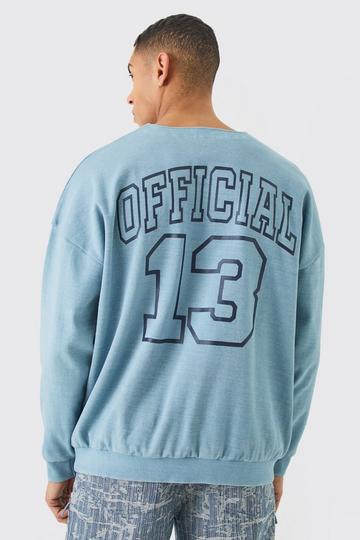 Blue Oversized Heavyweight Ribbed Washed Varsity Hockey Sweatshirt