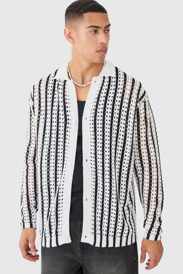 Oversized Crochet Long Sleeve Stripe Shirt In Ecru ecru