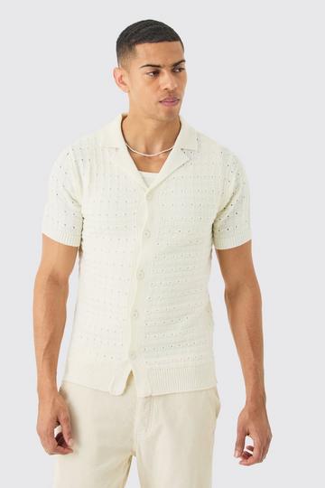 White Open Stitch Button Down Knitted Shirt In Cream