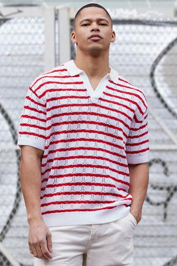Short Sleeve Oversized Crochet Stripe Polo In Red red