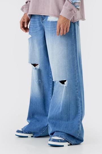 Extreme Baggy Frayed Self Fabric Applique Jeans light blue