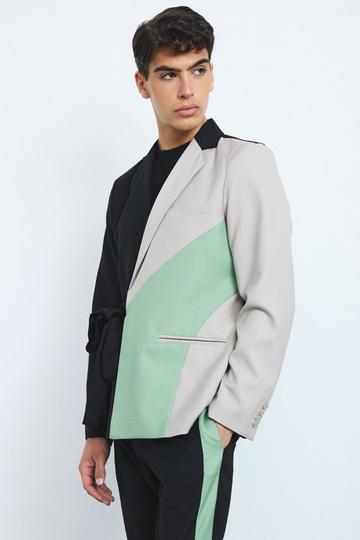 Sage Green Slim Wrap Panel Suit Jacket