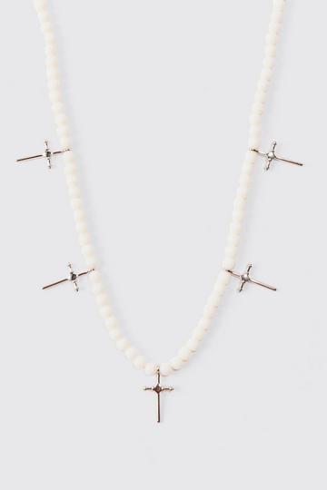 White Pearl Cross Pendant Necklace In White