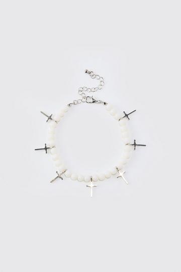 White Pearl Cross Pendant Bracelet In White