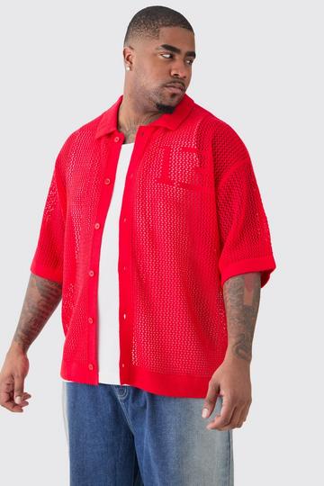 Plus Short Sleeve Open Stitch Varsity Knit Shirt In Red red