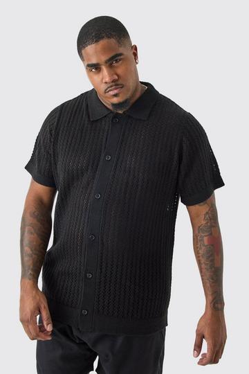 Plus Open Stitch Short Sleeve Knitted Shirt In Black black