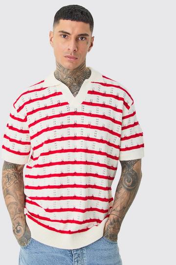 Tall Short Sleeve Oversized Crochet Knit Stripe Polo In Red red