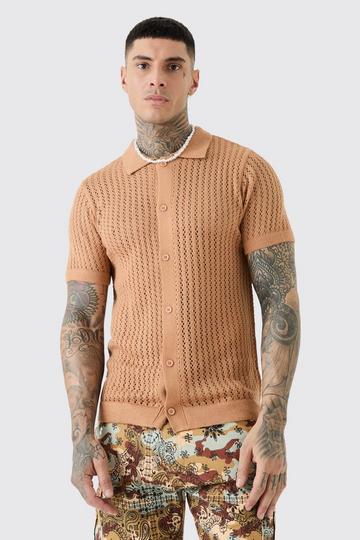 Tall Open Stitch Short Sleeve Knitted Shirt In Taupe taupe