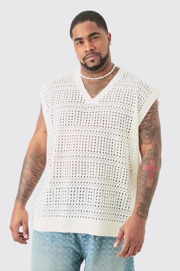 Plus Oversized Crochet Knit Sweater Vest In Ecru ecru