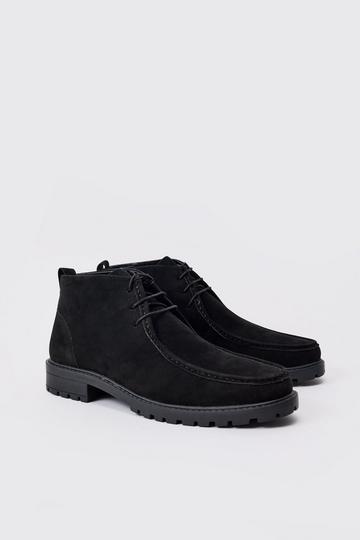 Black Faux Suede Apron Front Boots In Black