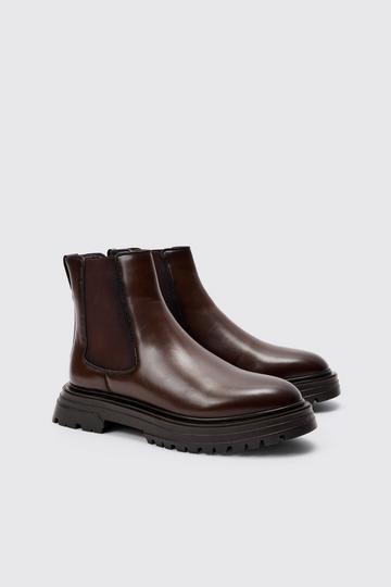 Brown Pu Chunky Sole Chelsea Boot In Brown
