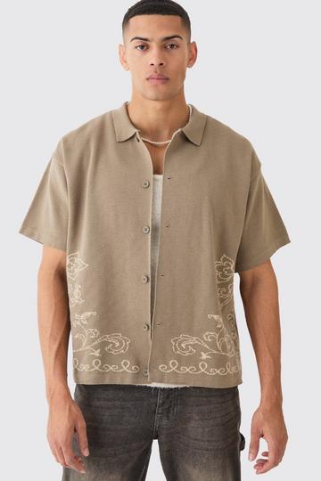 Boxy Jacquard Knit Abstract Detail Shirt In Taupe taupe