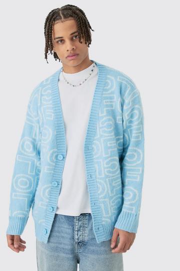 Boxy Fluffy Branded Knitted Cardigan In Blue light blue