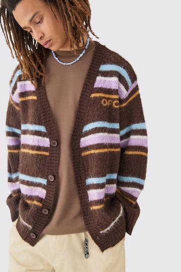 Boxy Fluffy Striped Knitted Cardigan In Chocolate chocolate