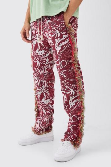 Elastic Waist Straight Leg Frayed Tapestry Trouser red