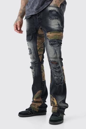 Black Tall Slim Rigid Flare Camo Repair Cargo Jeans