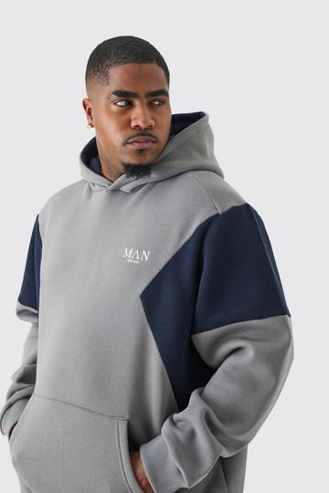 Grey Plus Colour Block Man Roman Panelled Hoodie In Charcoal