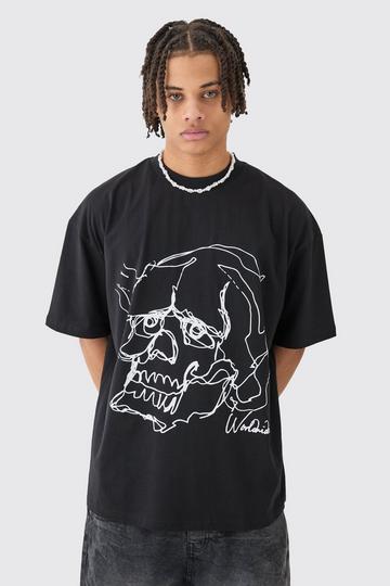 Oversized Boxy Extended Neck Skull Line Drawing T-shirt black