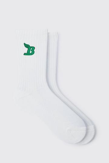 B Embroidered Sports Socks white