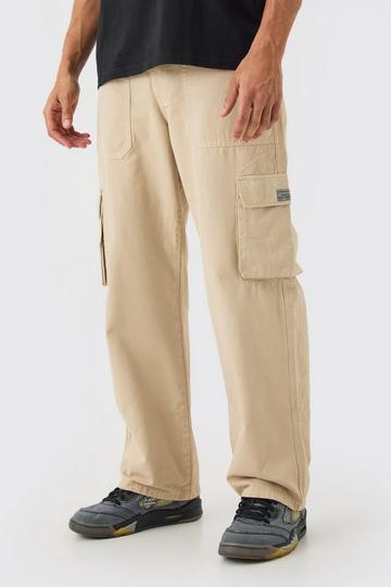 Stone Beige Fixed Waist Cargo Zip Trouser With Woven Tab