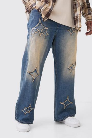 Plus Relaxed Rigid Flare Self Fabric Applique Gusset Jeans antique wash