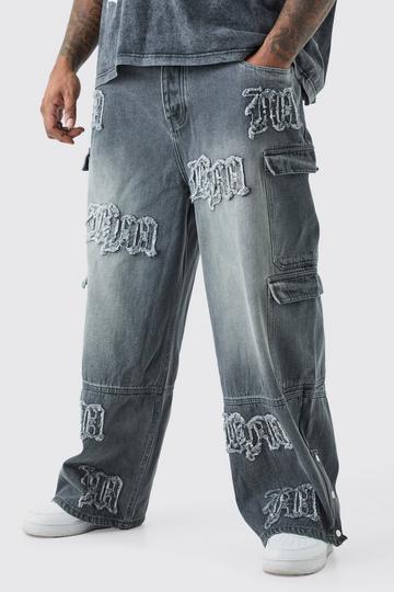 Plus Baggy Rigid Bm Applique Multi Pocket Cargo Jeans grey