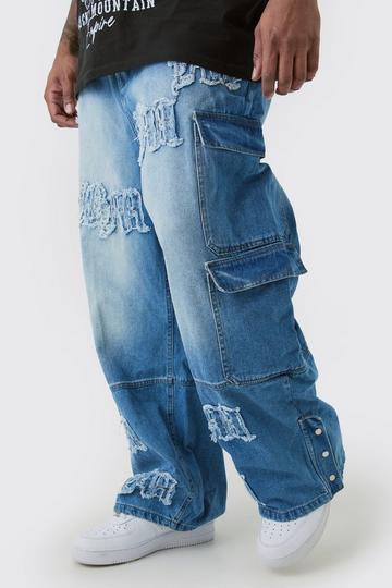 Blue Plus Baggy Rigid BM Applique Multi Pocket Cargo Jeans