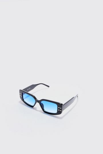 Black Chunky Rectangle Sunglasses With Blue Lens In Black