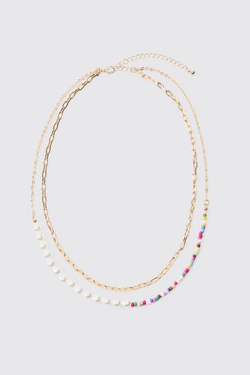 Metallic 2 Pack Multi Beaded Pearl Necklaces In Gold