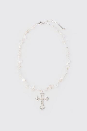 Silver Iced Cross Pearl Necklace In Silver