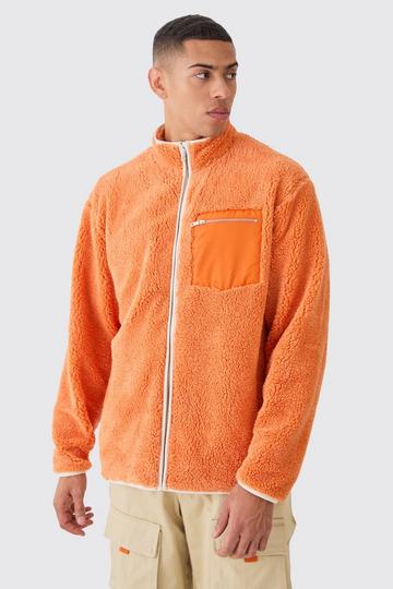 Orange Oversized Contrast Borg Jacket