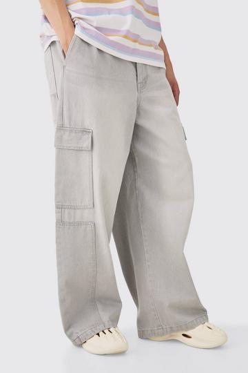 Elasticated Waist Extreme Wide Fit Cargo Jeans In Grey grey