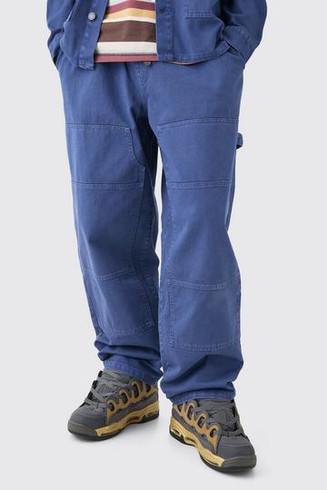 Brown Baggy Rigid Elastic Waist Denim Carpenter Jeans In Dark Blue