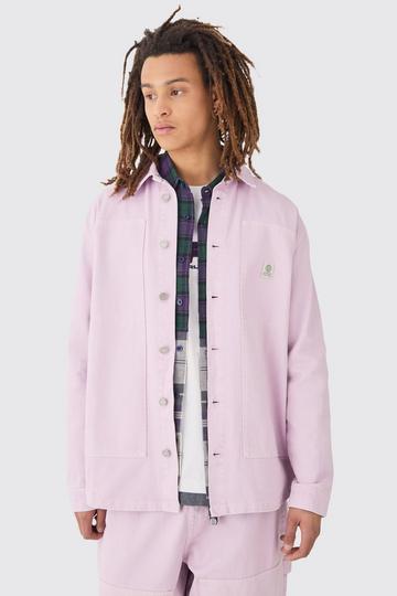 Crinkle Denim Overdyed Carpenter Detail Overshirt In Lilac lilac