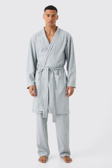 Grey Waffle Robe & Relaxed Fit Bottoms In Grey Marl