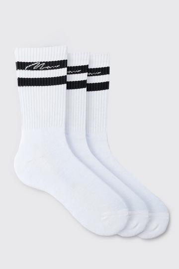 White 3 Pack Man Signature Sports Stripe Socks In White