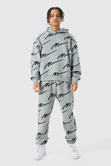 Man Signature All Over Print Boxy Hooded Tracksuit charcoal