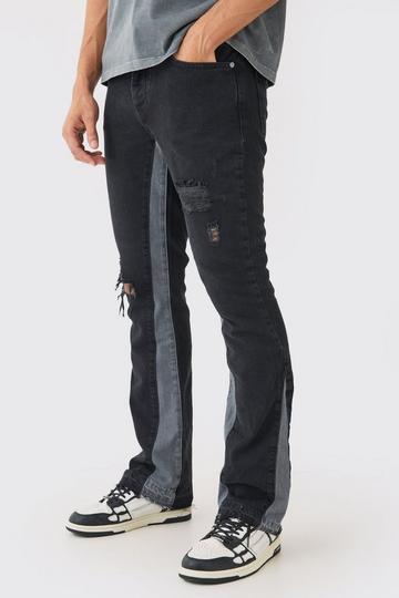 Black Slim Flare Distressed Panel Jeans