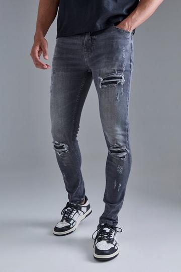 Skinny Stretch Black Pu Biker Rip & Repair Jeans charcoal