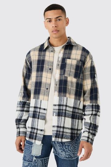 Oversized Check Splice Printed Placket Shirt blue