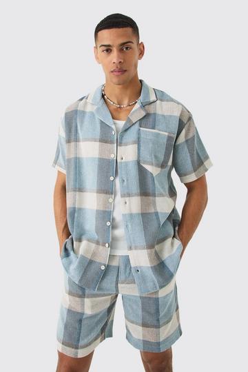 Oversized Textured Check Shirt And Short blue