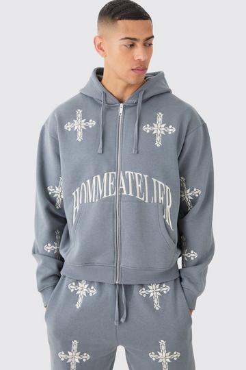 Oversized Boxy Zip Through Homme Cross Embroidered Hoodie charcoal