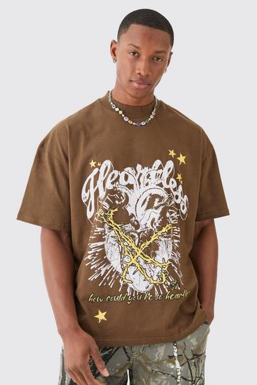 Brown Oversized Extended Neck Graphic Heavy T-shirt
