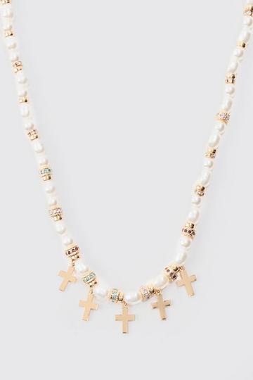 Pearl Bead Necklace With Cross Charms In Gold gold