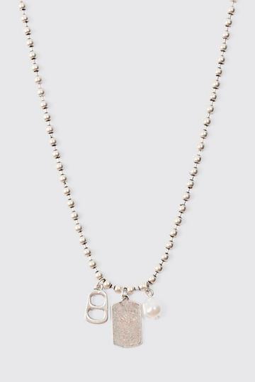 Silver Metal Bead Chain With Dog Tag Pendant Necklace In Silver