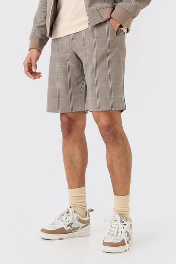 Brown Stretch Textured Check Fixed Waist Shorts