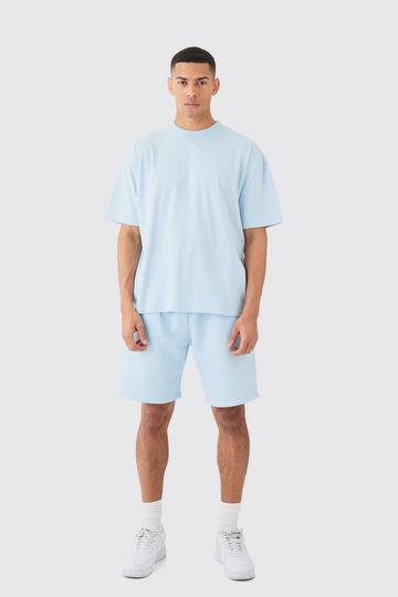 Man Oversized Extended Neck T-shirt And Relaxed Short Set light blue
